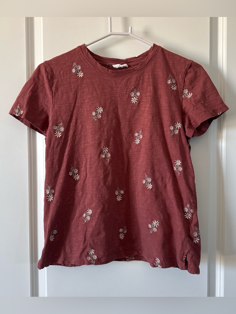 Women's Short Sleeve Daisy Embroidered Tee - Rust
